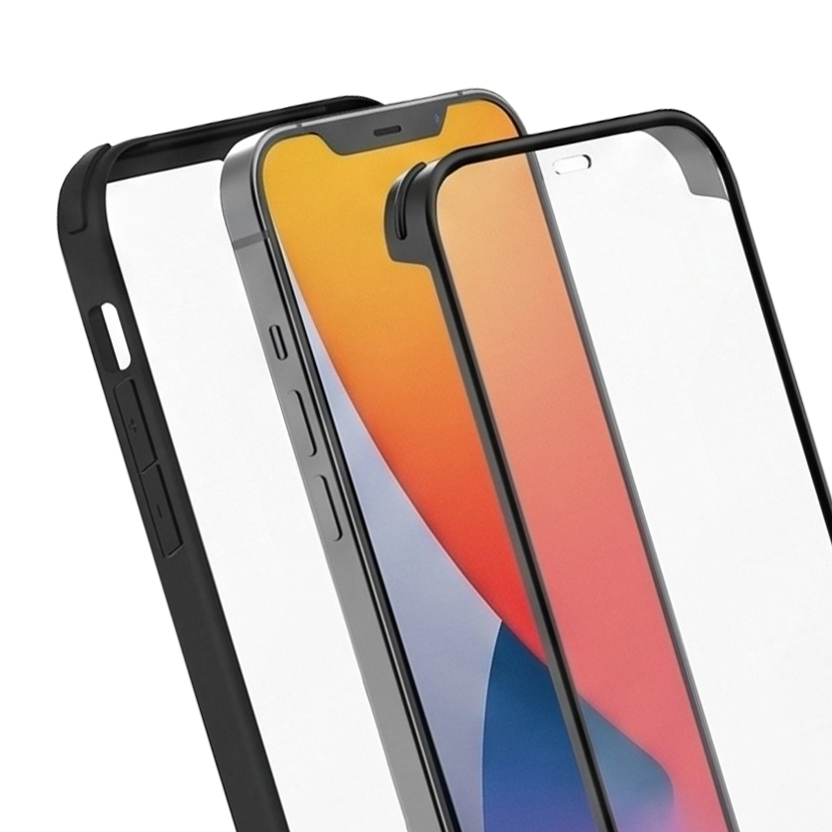 Uno smartphone con cover bumper nera staccata e pellicola protettiva su sfondo bianco.