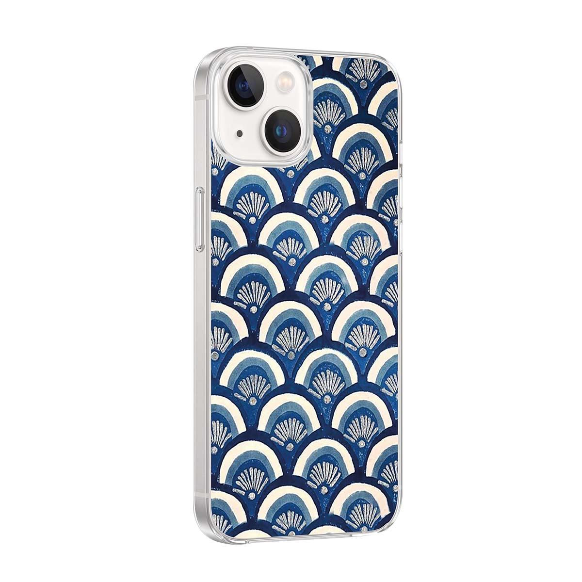 Custodia per telefono con motivo a onde e scaglie blu e bianco.