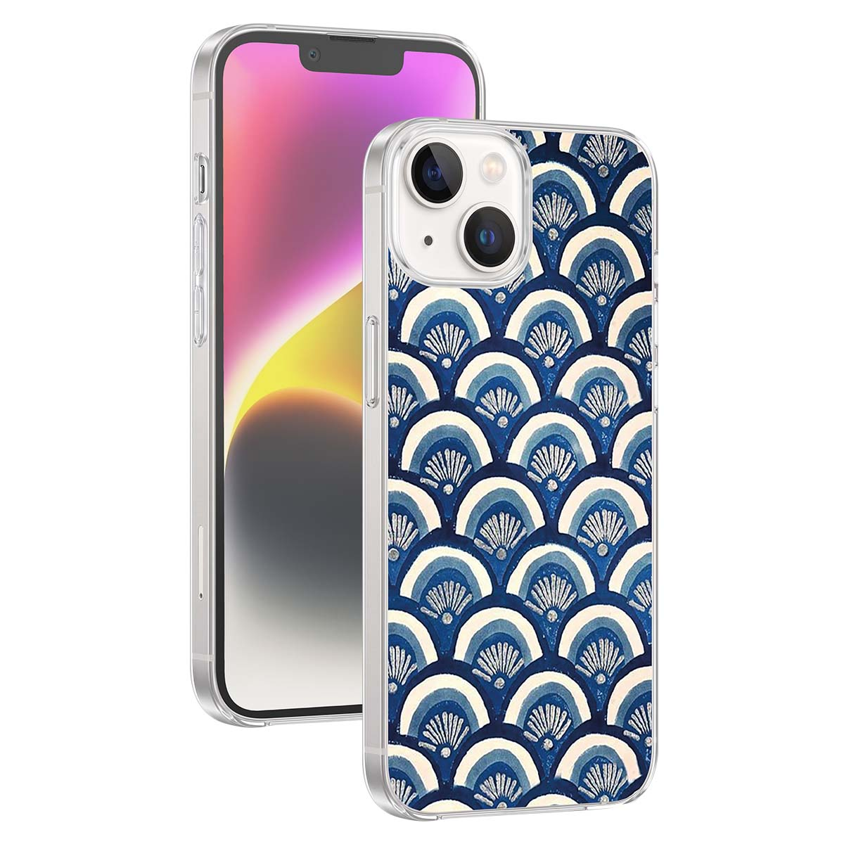 Uno smartphone con cover blu a ventaglio marino giapponese e display colorato.