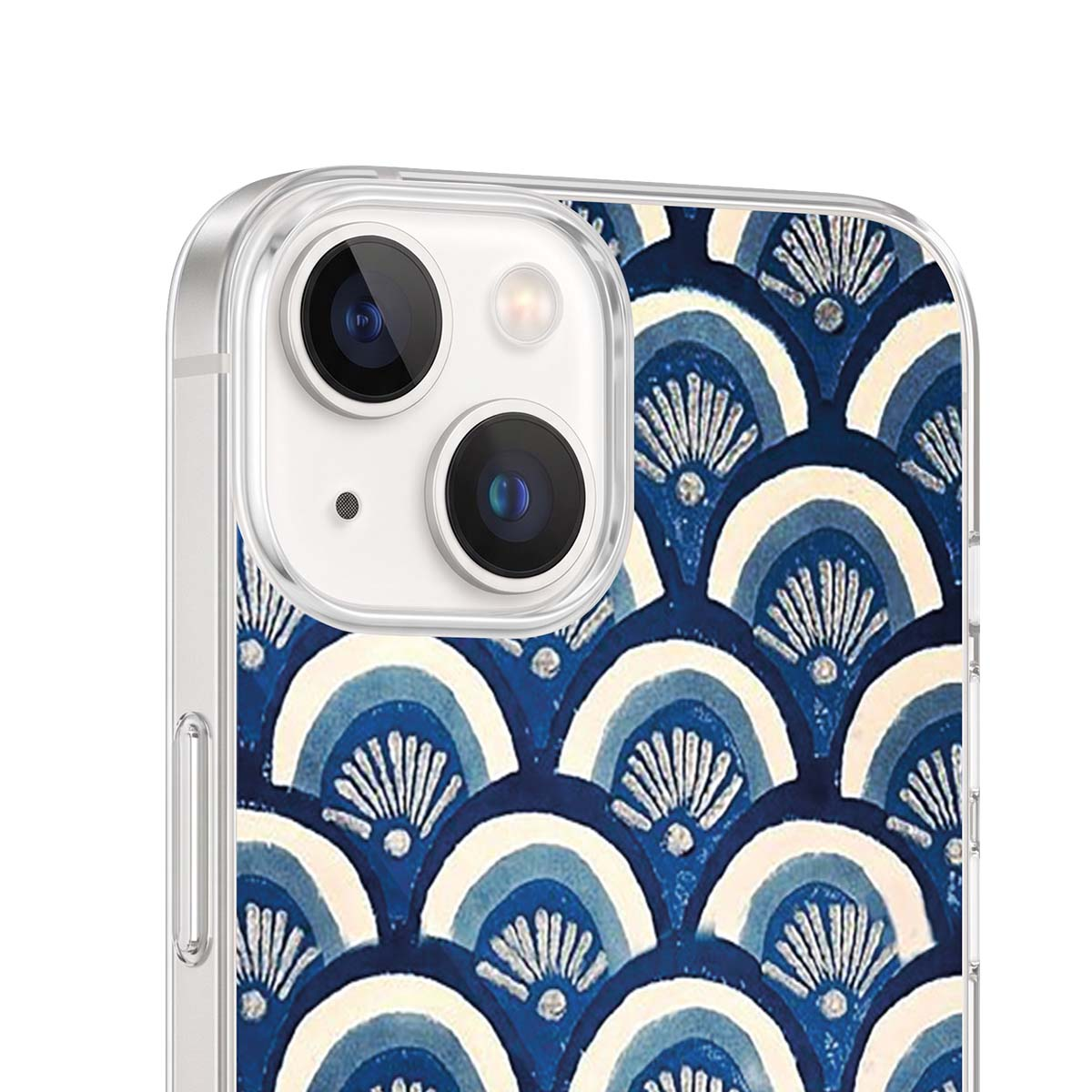 Una cover trasparente con motivo a ventaglio giapponese blu e bianco sul retro, con doppia fotocamera.
