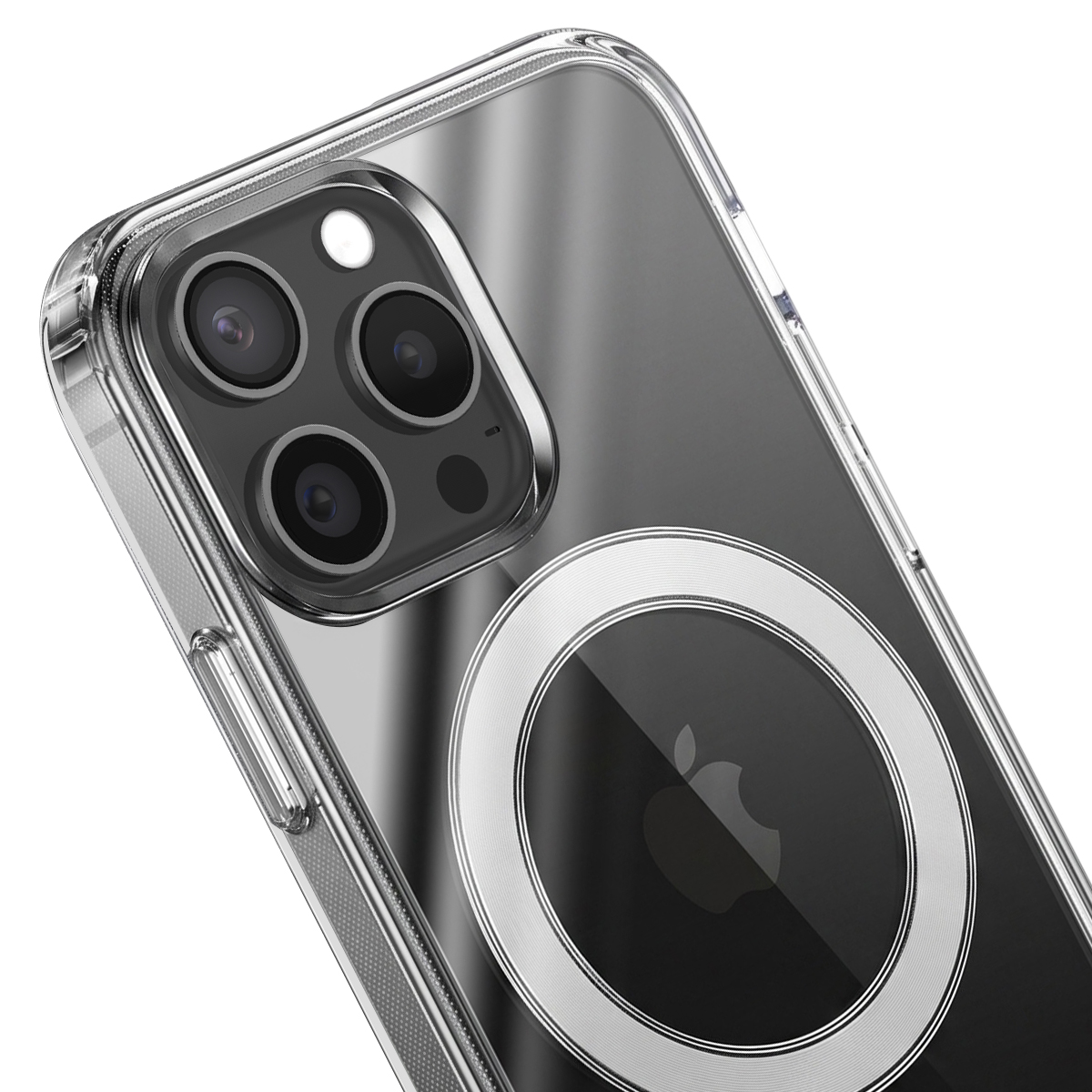 Una custodia trasparente per iPhone con anello MagSafe e tripla fotocamera posteriore.