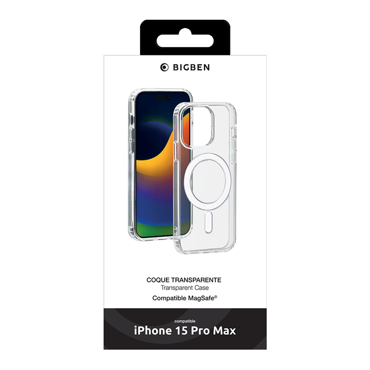 Custodia trasparente MagSafe per iPhone 15 Pro Max in confezione bianca.