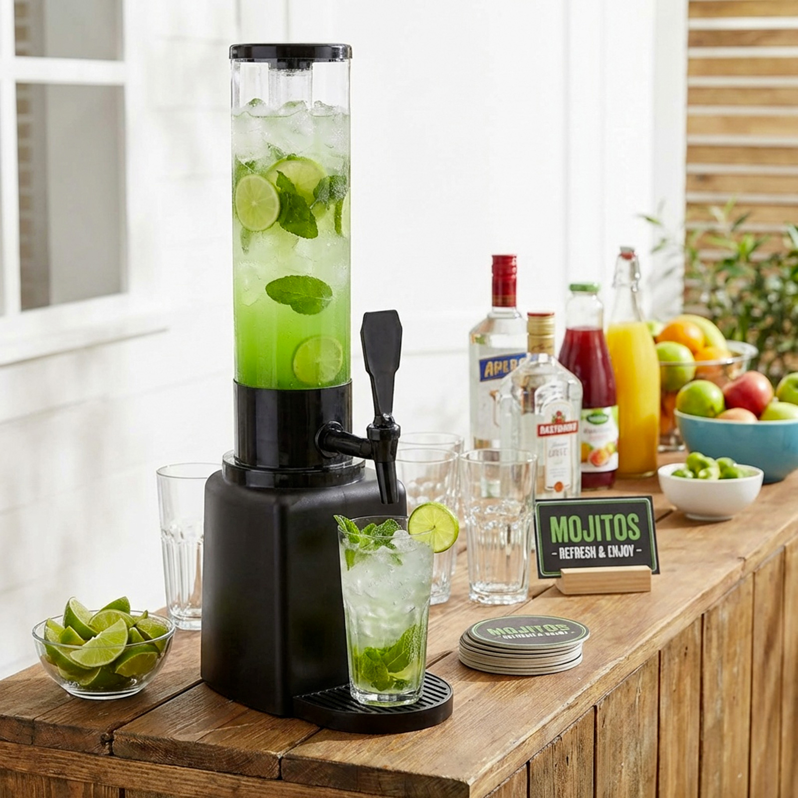 Ein Getränkespender voller Mojito mit Limetten und Minze steht auf einem Holztisch mit Gläsern und Flaschen.