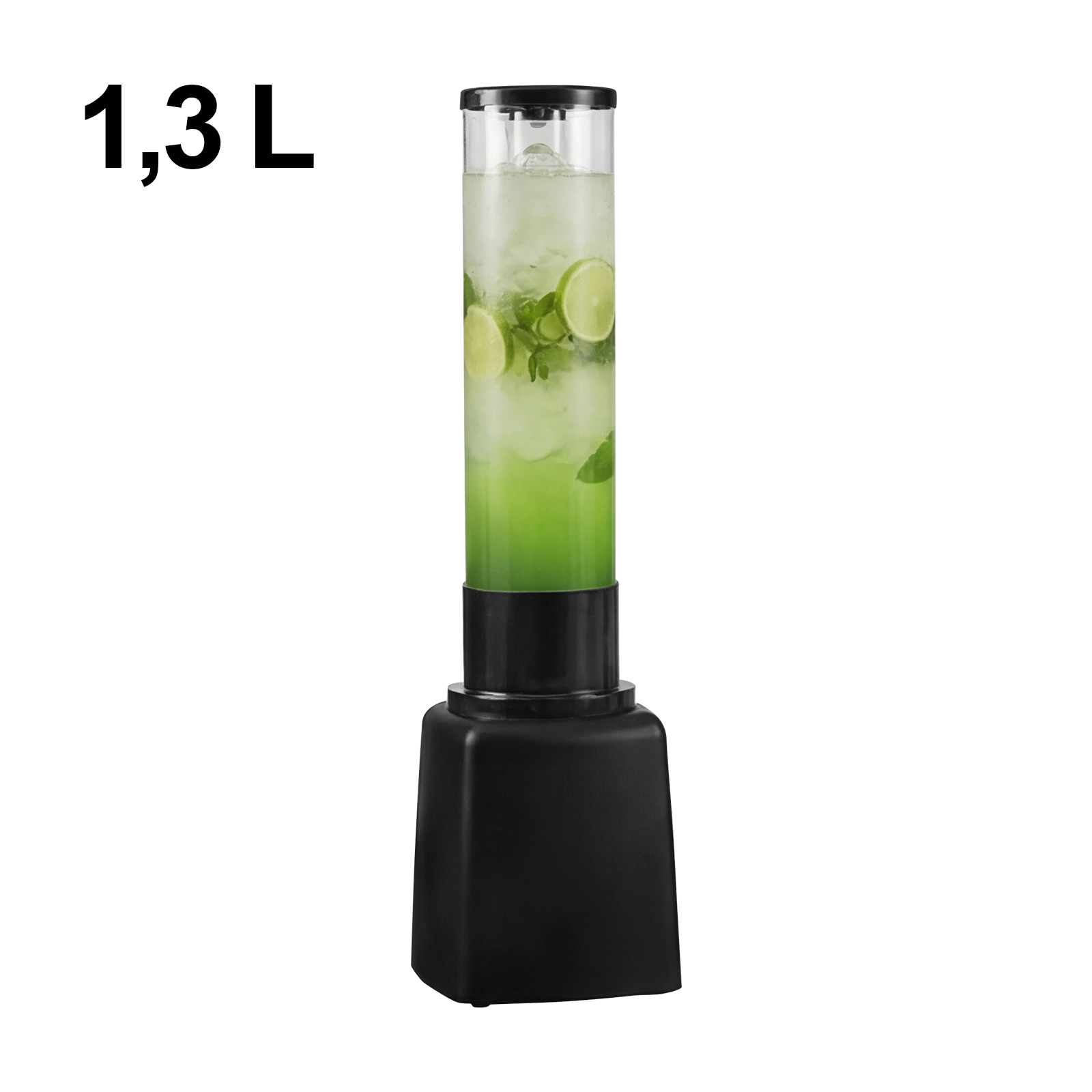 Ein schwarzer Getränkespender mit einem 1,3-Liter-Zylinder gefüllt mit grünem Getränk, Eis und Limettenscheiben.