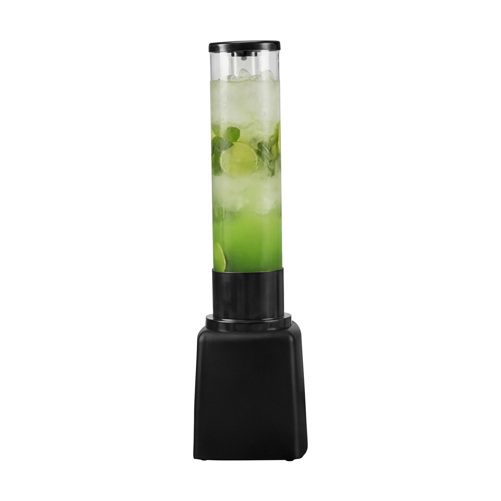 Ein hoher Getraenkespender auf schwarzem Sockel gefuellt mit gruenem Mojito, Limetten und Eis.