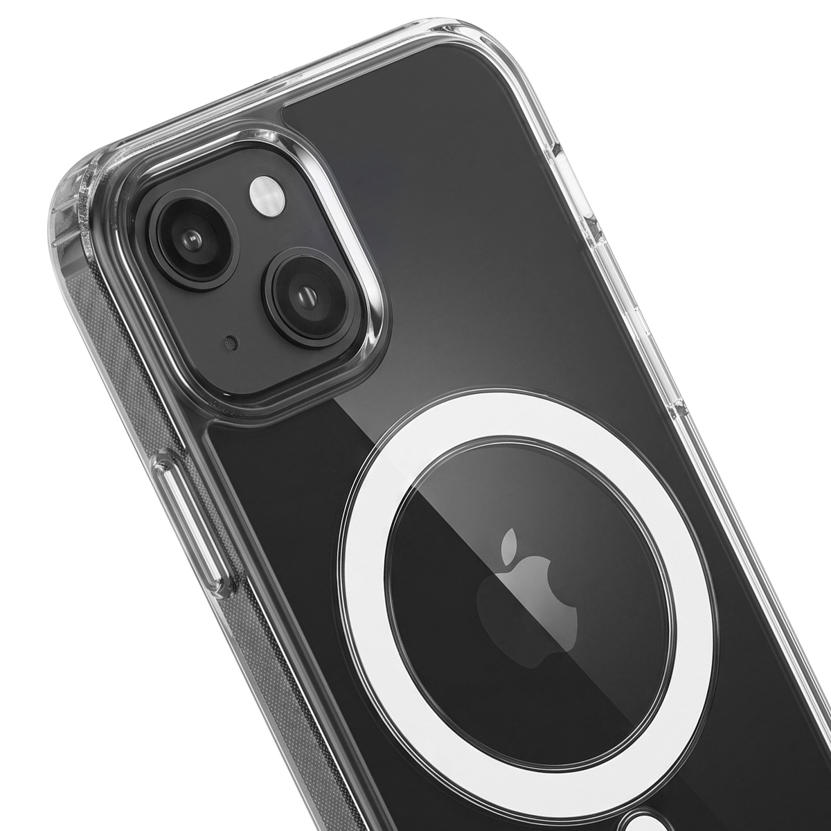 Uno smartphone nero in custodia trasparente con anello MagSafe.