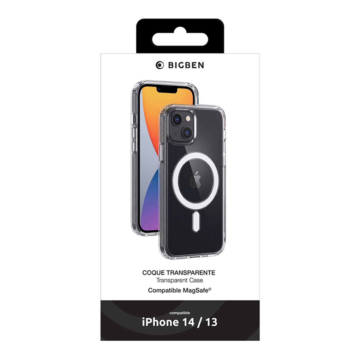 Confezione di una custodia protettiva trasparente Bigben MagSafe per iPhone 14 e 13.