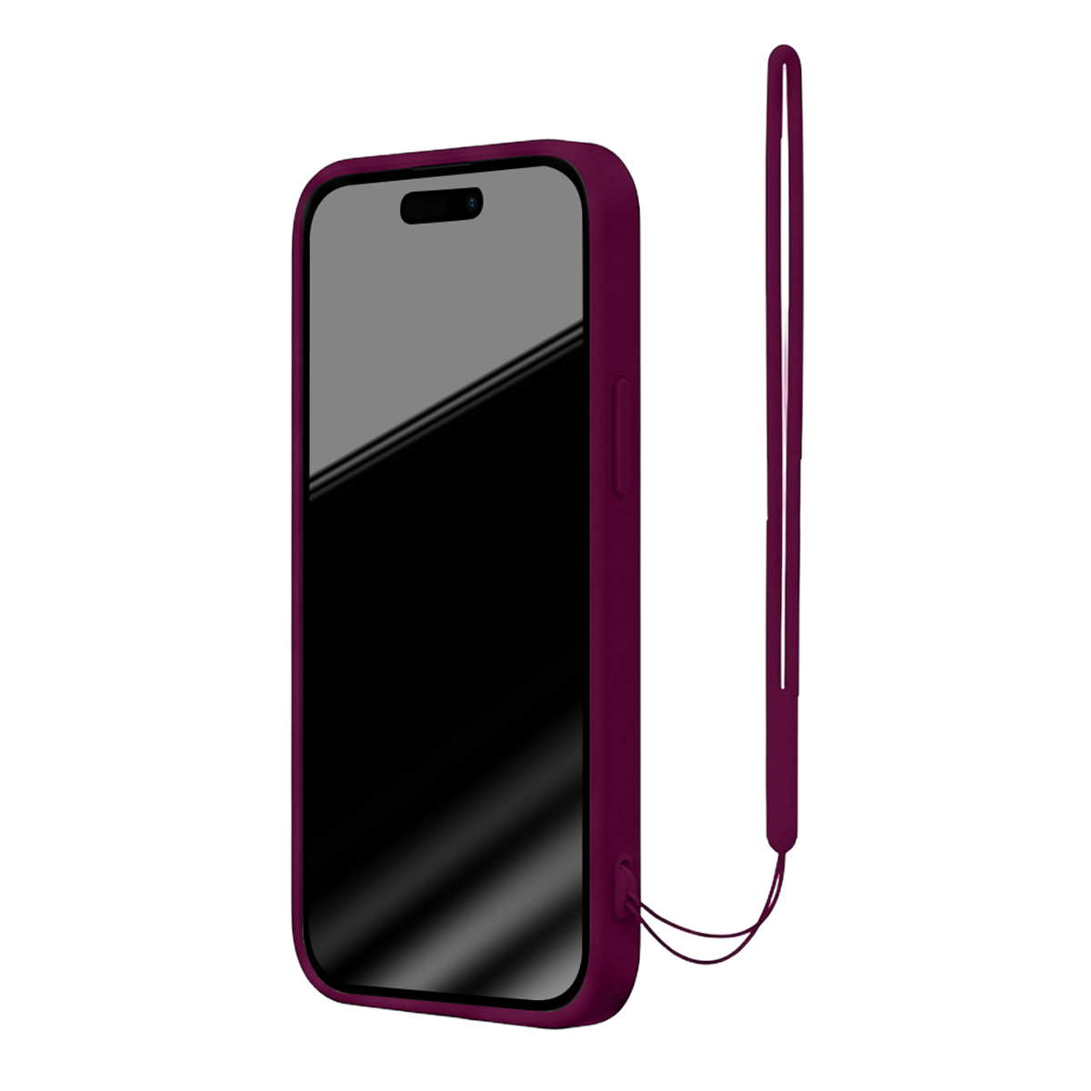Uno smartphone rosso scuro in silicone con lungo cinturino da polso su sfondo bianco.
