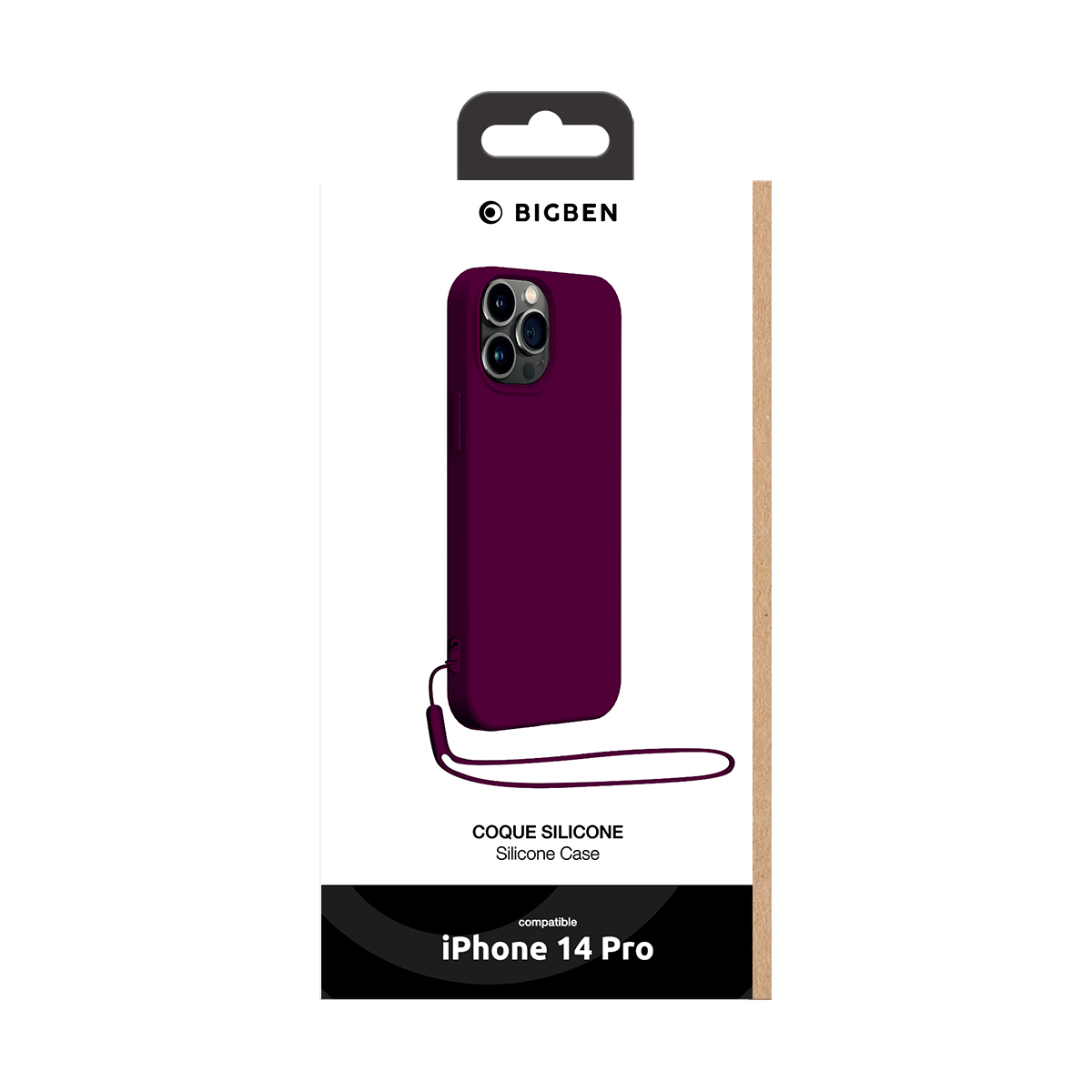Cover in silicone viola Bigben con laccetto per iPhone 14 Pro in confezione.
