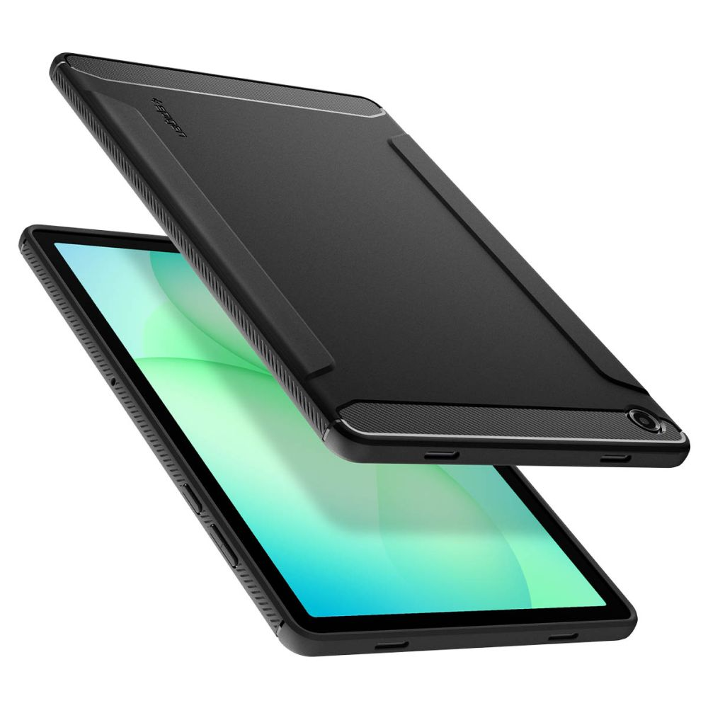 Ein schwarzes Tablet mit Schutzhülle zeigt Rückseite und aktiven Bildschirm vor weißem Hintergrund.