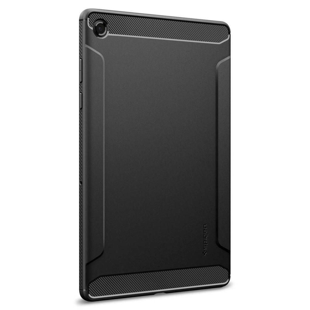 Ein schwarzes Tablet in einer strukturierten Schutzhülle mit sichtbarer Kameraöffnung und Tasten.