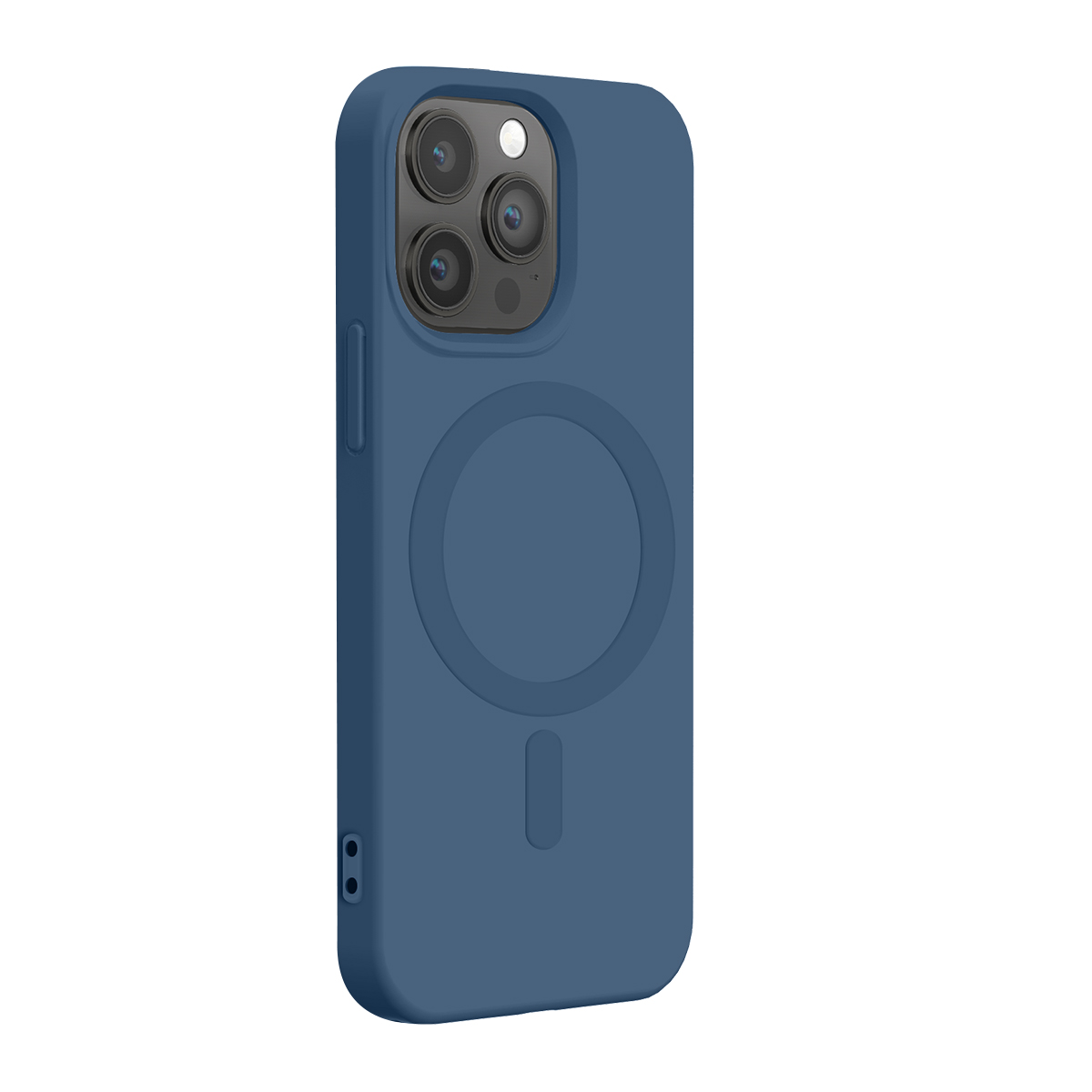 Custodia per smartphone blu con cerchio MagSafe e tripla fotocamera su sfondo bianco.
