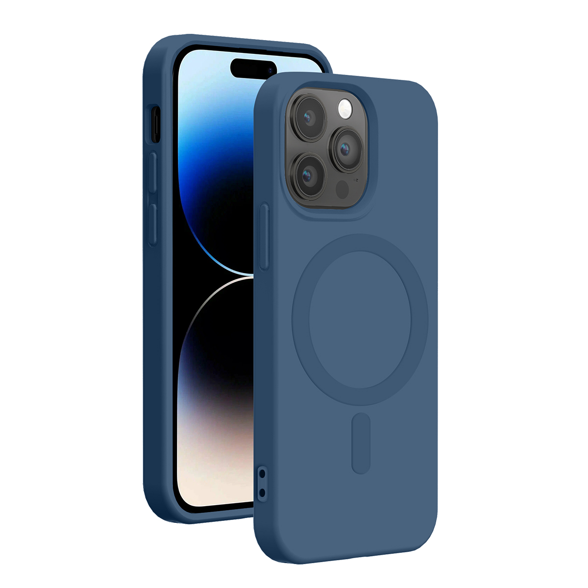 Due smartphone blu, uno mostra lo schermo, l'altro la custodia MagSafe sul retro.