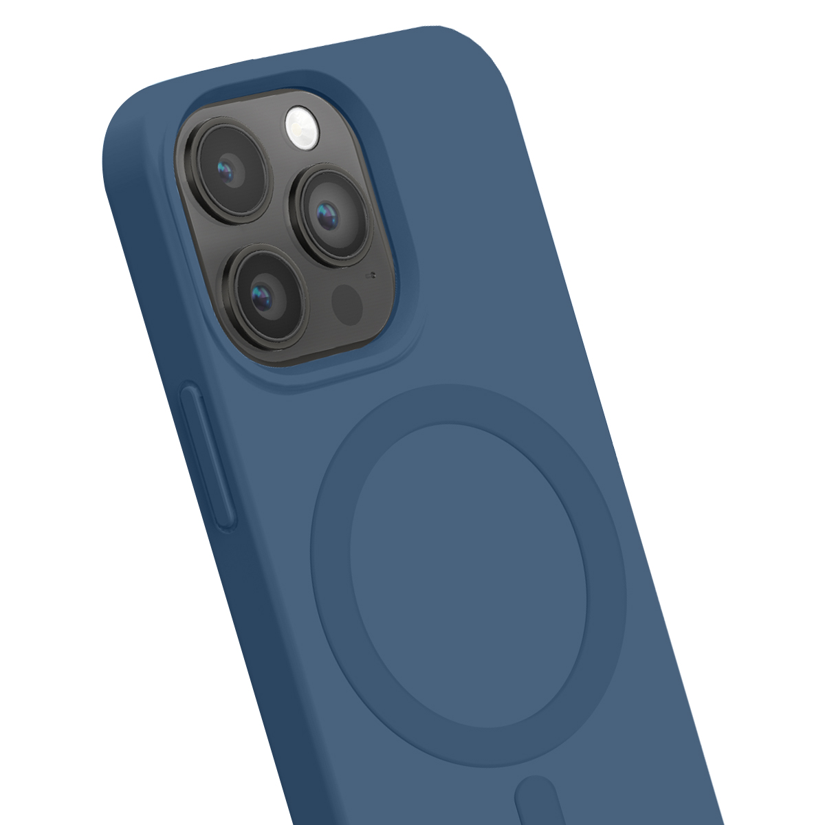 Custodia blu per smartphone con anello magnetico circolare sul retro e apertura per tre obiettivi fotografici.
