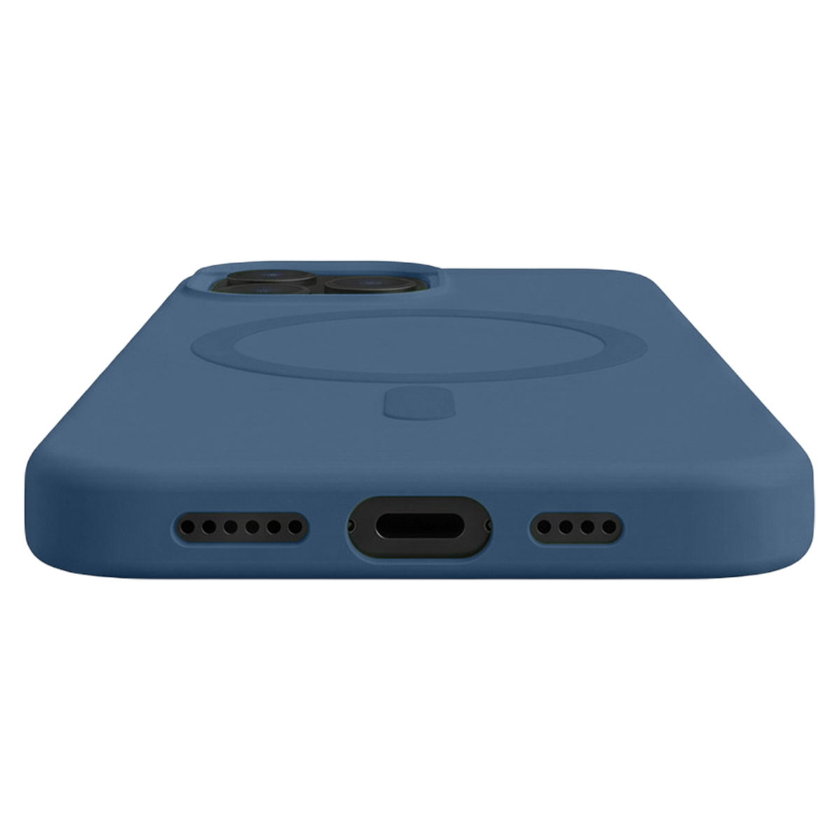 Custodia per iPhone blu con MagSafe, porta di ricarica e altoparlanti.