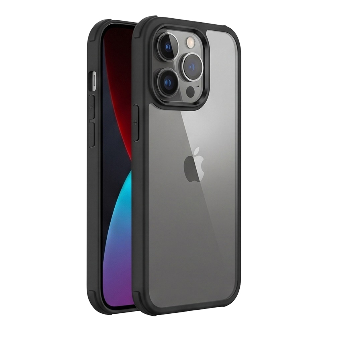 Uno smartphone nero con una custodia protettiva trasparente mostra il logo Apple sul retro.