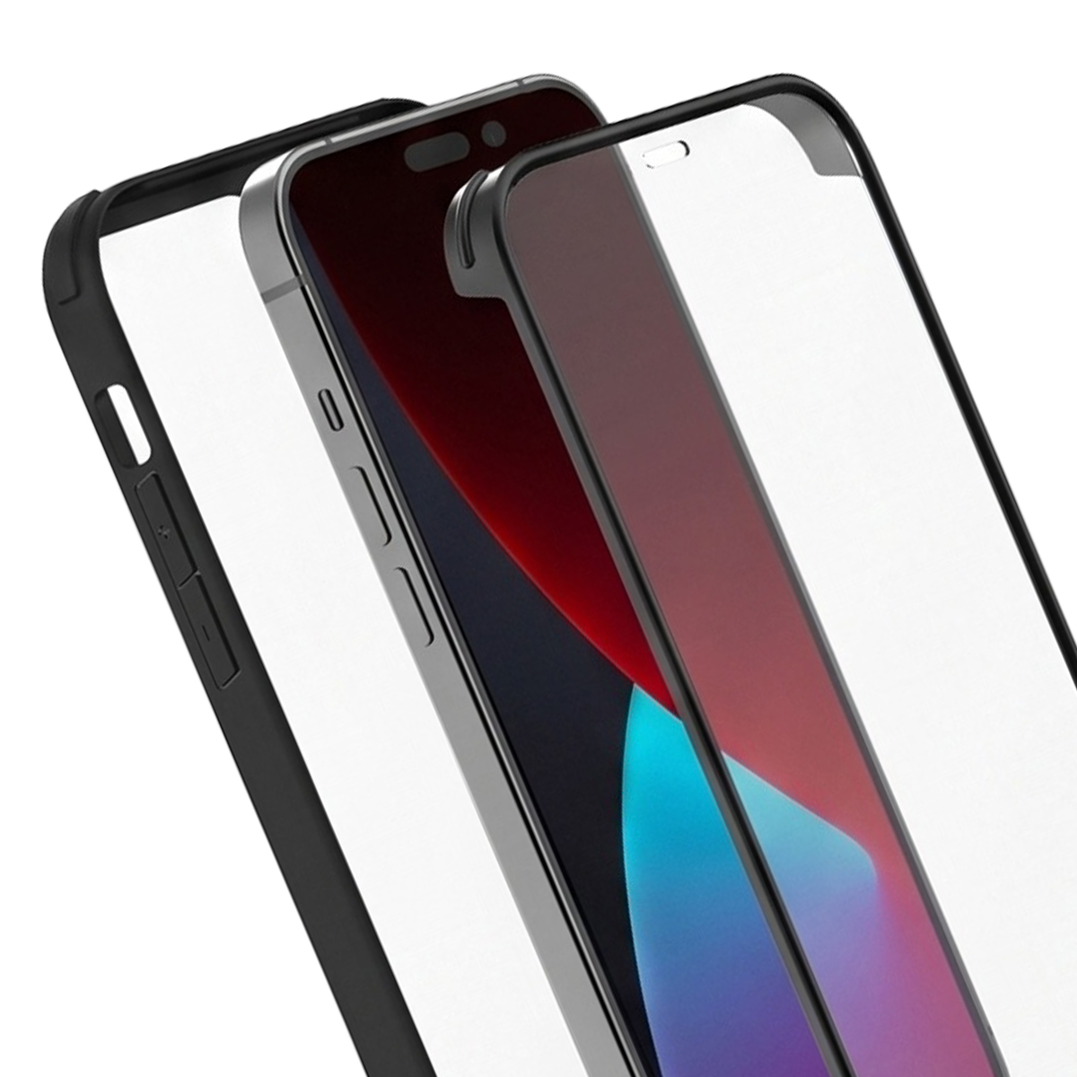 Smartphone con cornice bumper rimossa e vetro di protezione dello schermo su sfondo bianco.