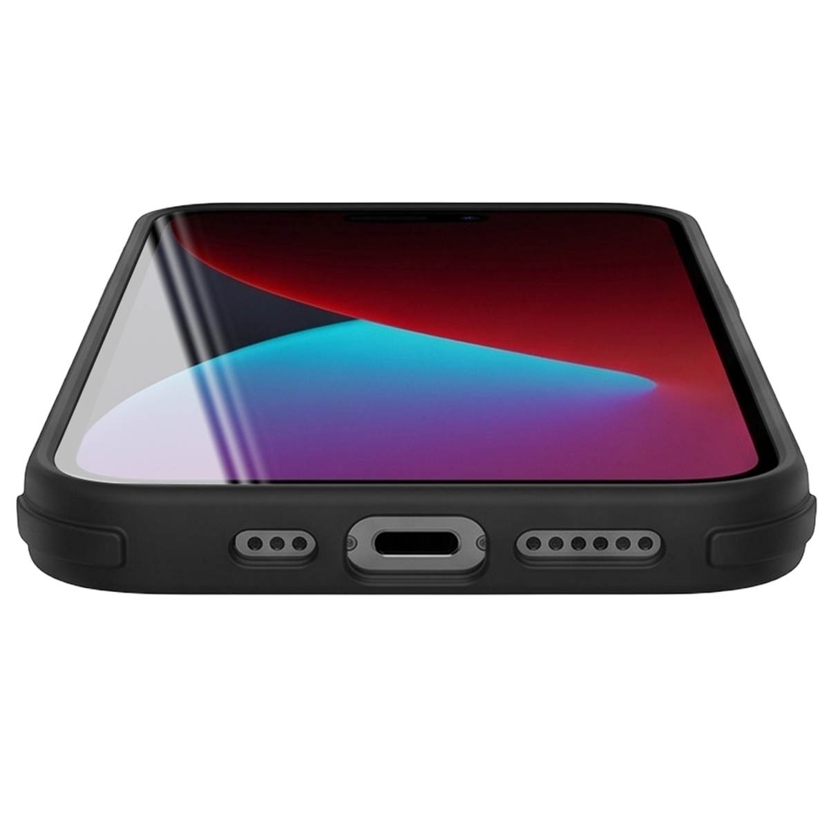 Vista dal basso di uno smartphone con custodia nera, con porta di ricarica e altoparlanti.