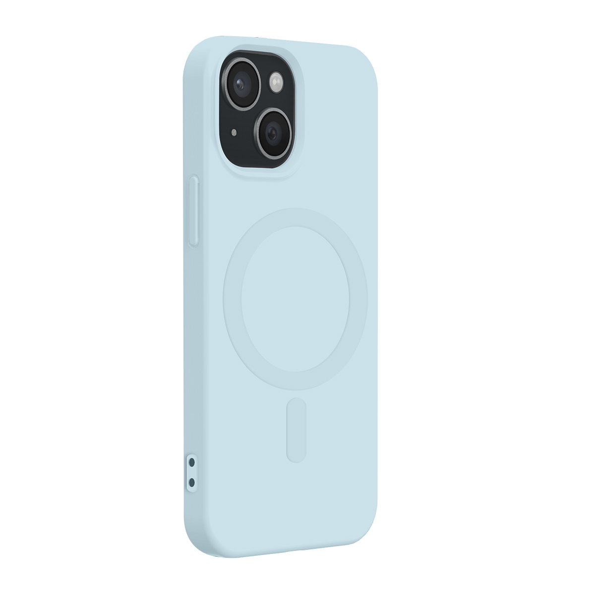 Custodia per smartphone azzurra con cerchio MagSafe sul retro e due obiettivi in alto.