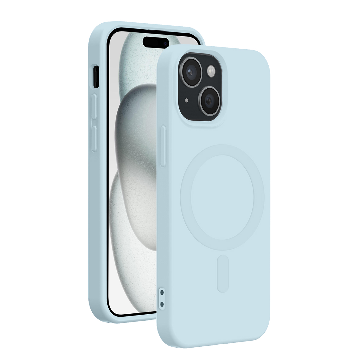 Custodia per smartphone azzurro chiaro su sfondo bianco con fotocamere visibili.