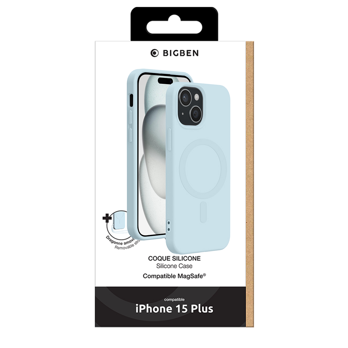 Custodia in silicone azzurro per iPhone 15 Plus nella confezione Bigben.