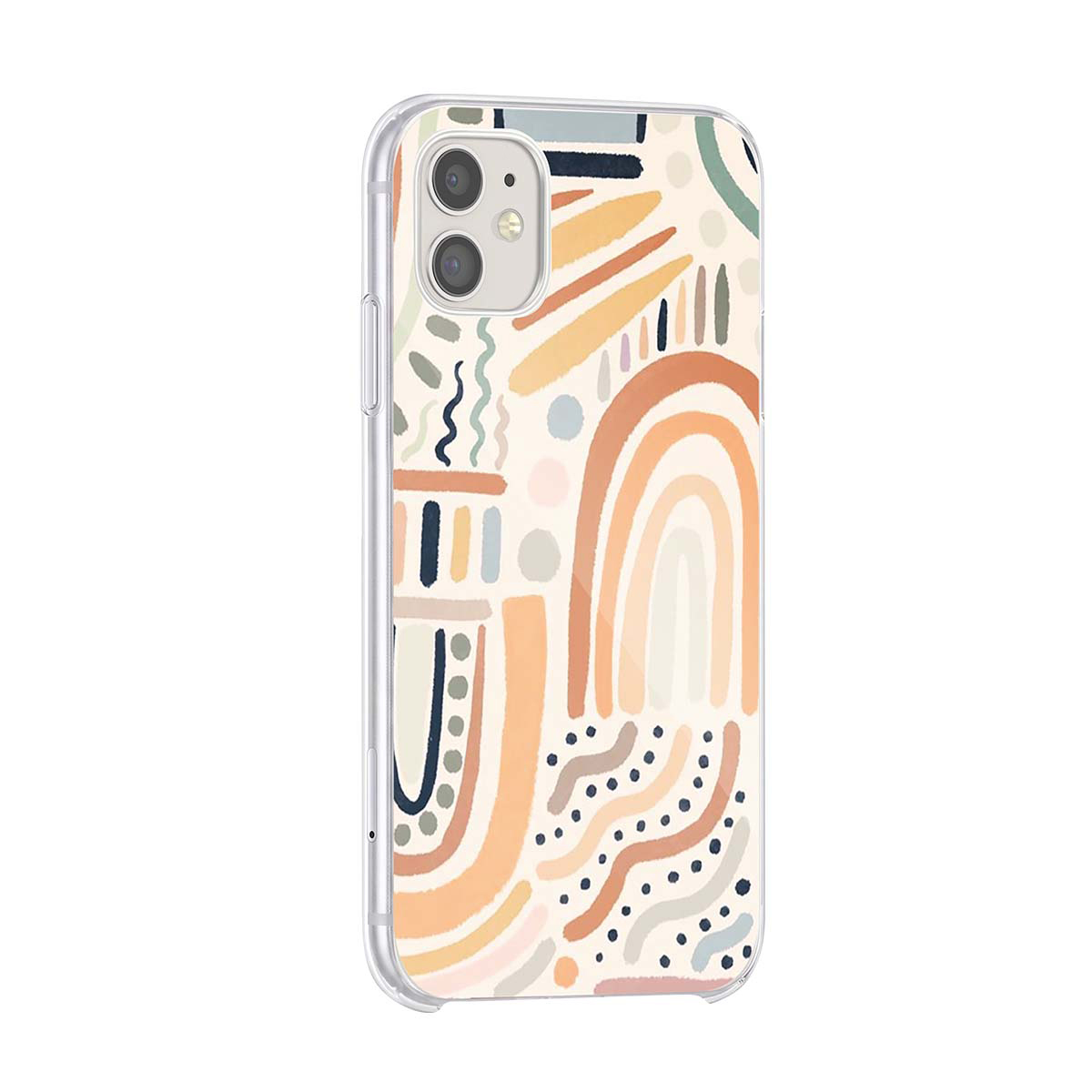 Cover per telefono con motivo astratto beige di linee, punti e archi in colori pastello su sfondo bianco.