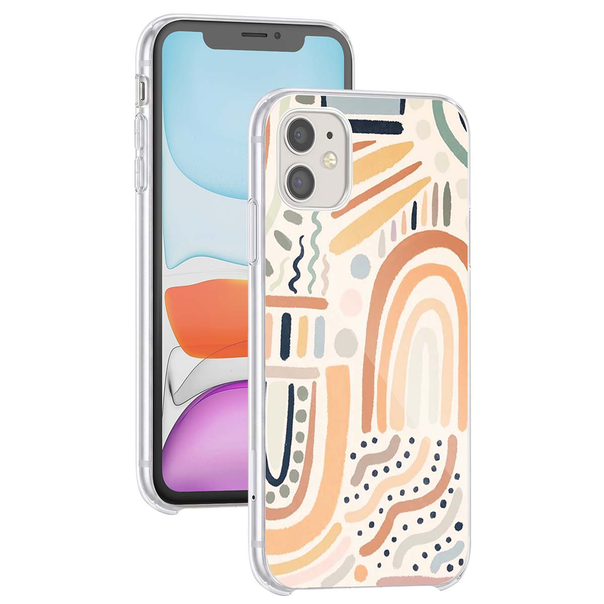 Custodia per telefono con motivo boho astratto beige e arancione e doppia fotocamera.