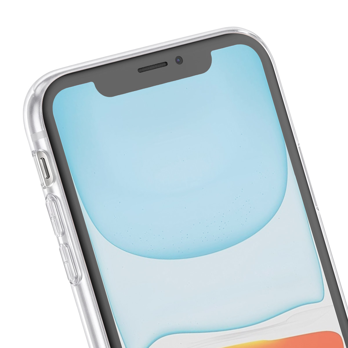 Primo piano della parte anteriore di un moderno smartphone in una custodia protettiva trasparente su sfondo bianco.