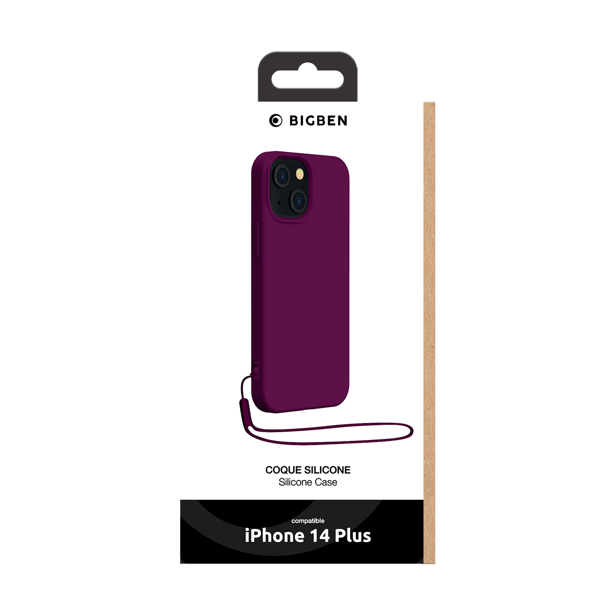 Custodia in silicone viola Bigben per iPhone 14 Plus con cordino da polso nella confezione.