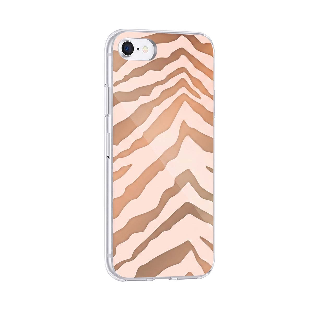 Custodia per telefono con motivo a strisce zebrate marrone e beige su fondo chiaro.