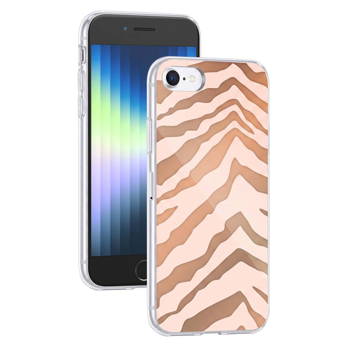 Smartphone in custodia trasparente con motivo zebrato marrone e beige.