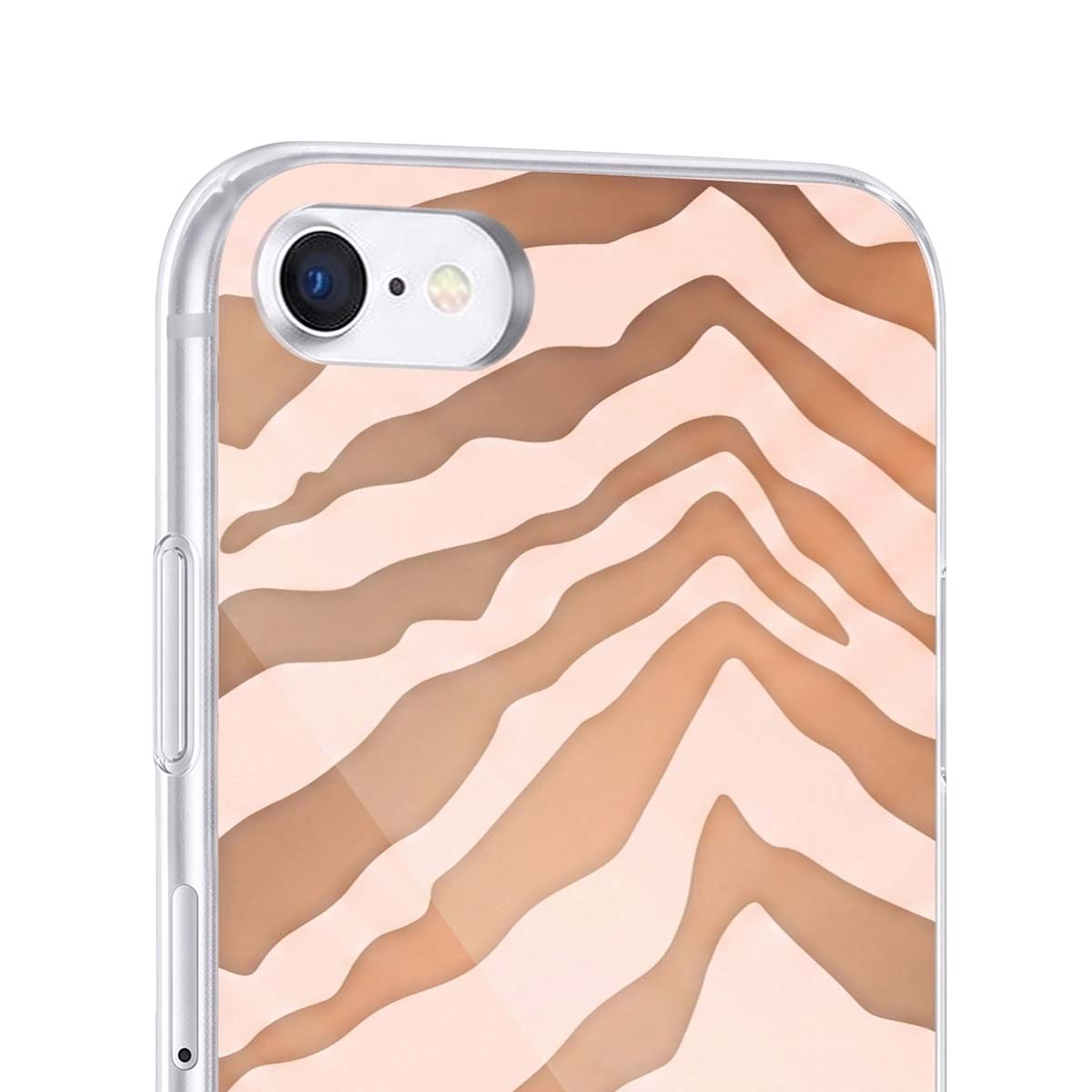 Una custodia per smartphone con un motivo ad onde astratte marrone e beige.