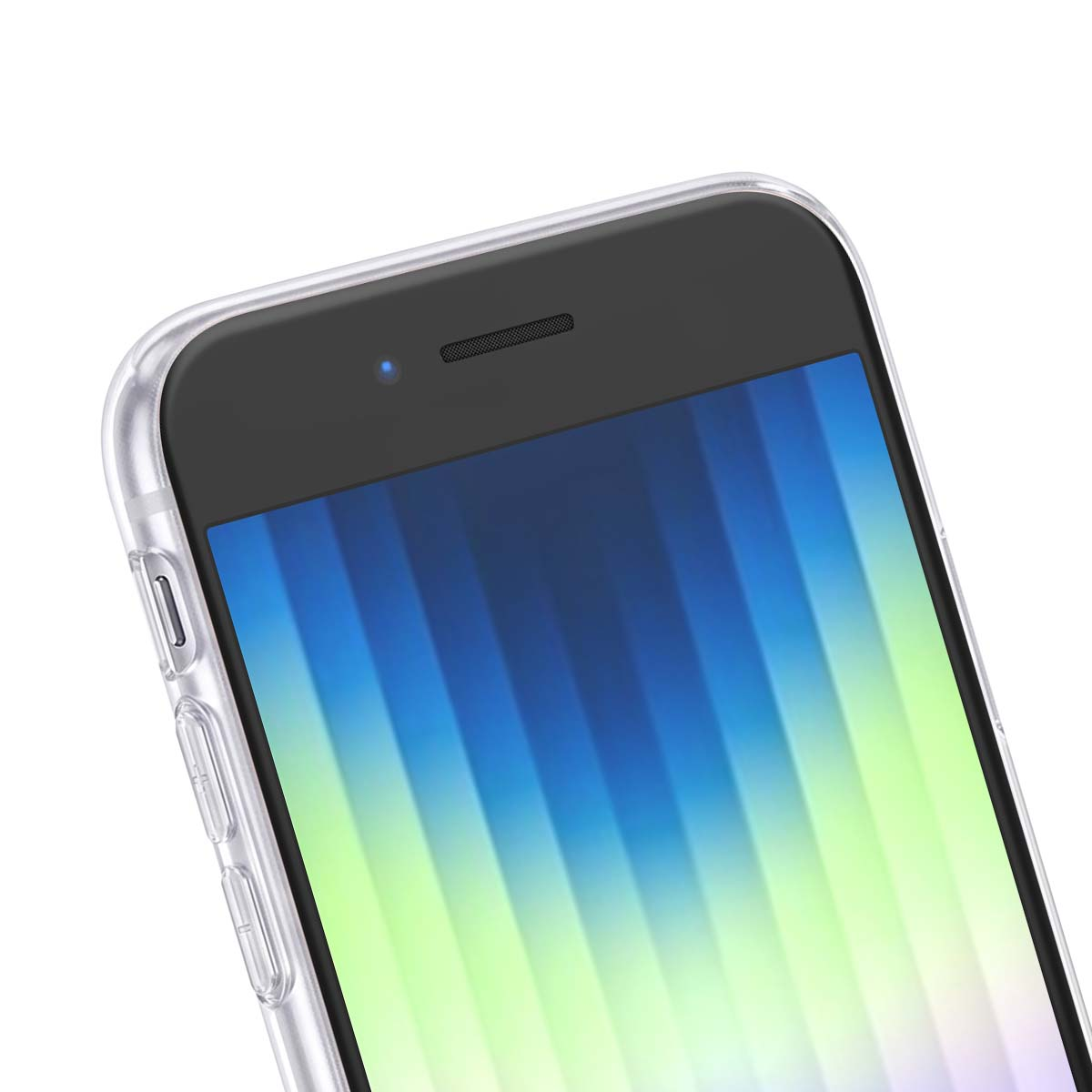 Primo piano della parte anteriore superiore di uno smartphone nero con custodia protettiva trasparente e sfondo blu-verde sullo schermo.