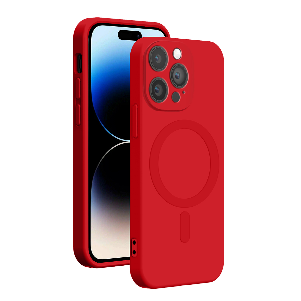 Due smartphone rossi con cover in silicone, uno mostra lo schermo e l'altro il retro con tre fotocamere.