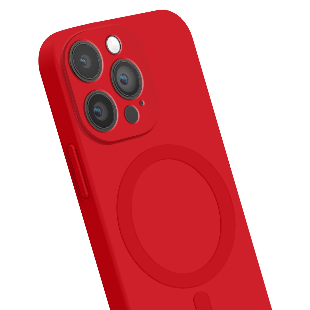 Una cover per smartphone rossa con tripla fotocamera e anello di ricarica circolare MagSafe sul retro.