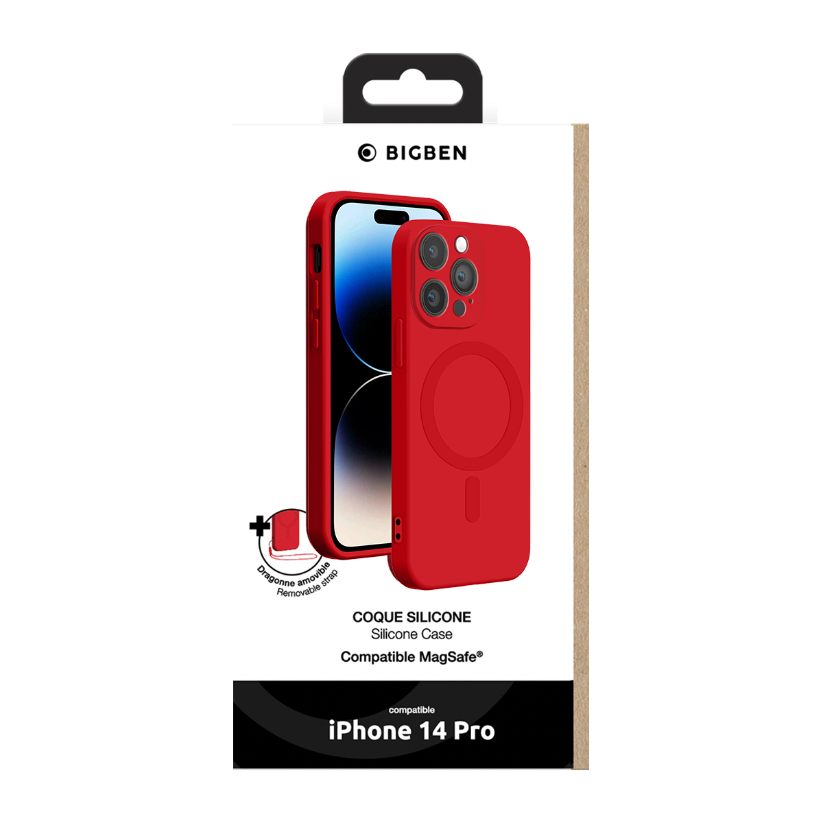Custodia in silicone rossa Bigben per iPhone 14 Pro con compatibilità MagSafe e laccetto rimovibile.