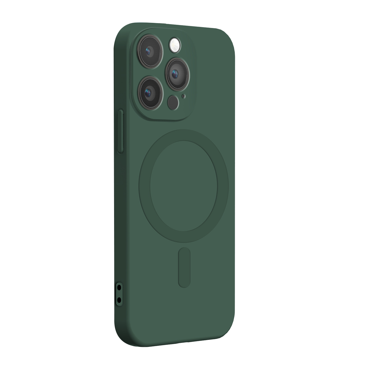 Custodia per smartphone verde scuro con logo MagSafe circolare sul retro.