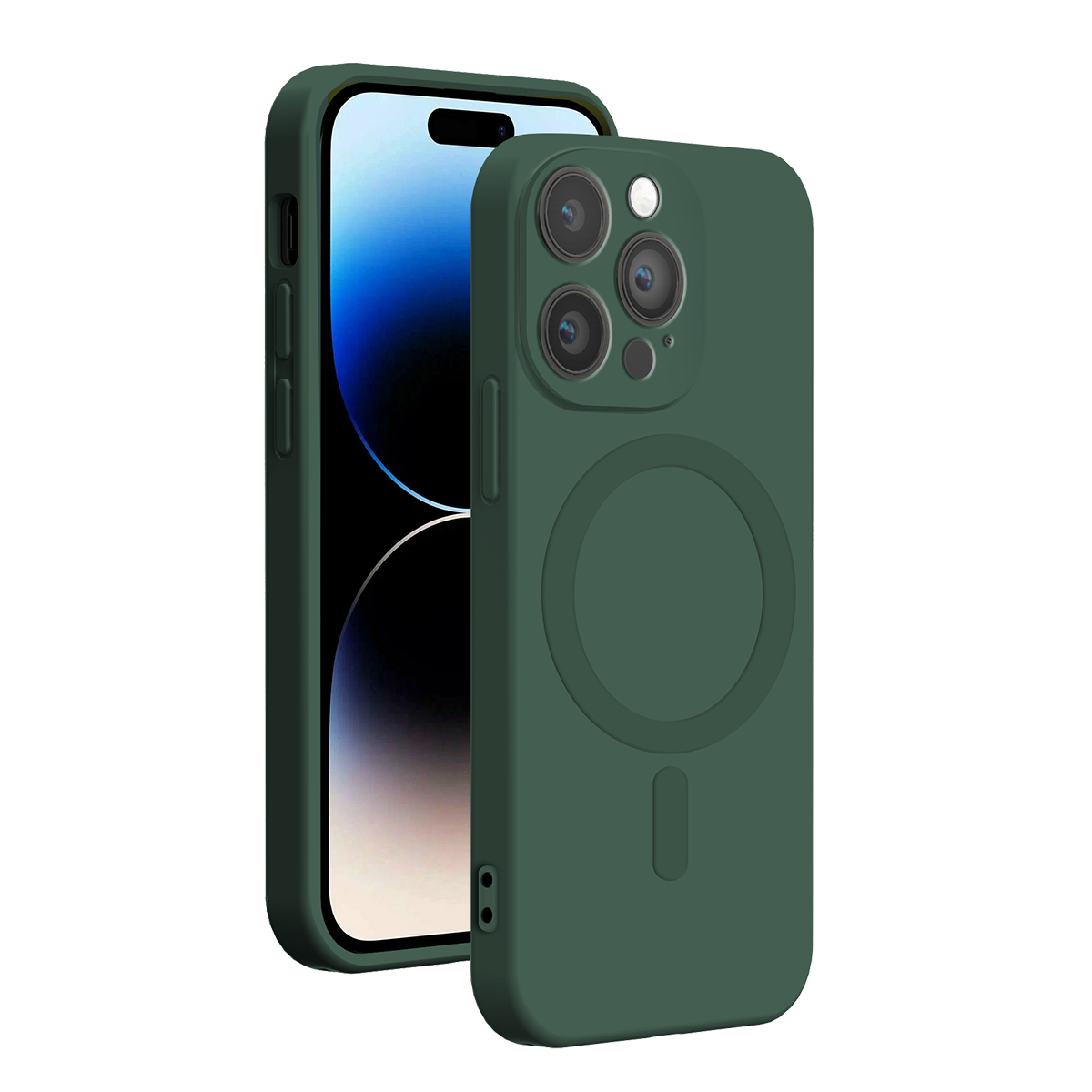Custodia per telefono verde mostrata su due lati di un iPhone con tripla fotocamera.