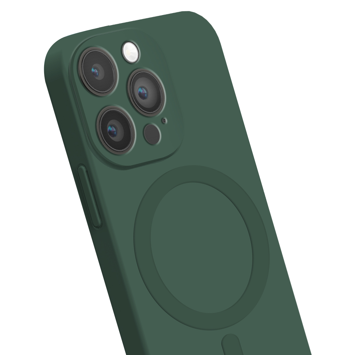 Retro di smartphone verde scuro con tre obiettivi e cerchio MagSafe su sfondo bianco.