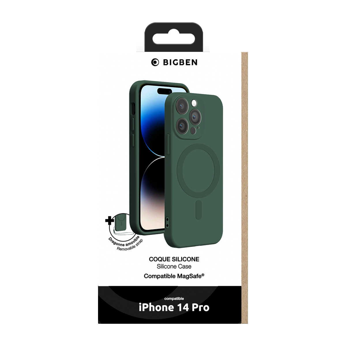 Custodia in silicone Bigben verde per iPhone 14 Pro in confezione bianca.