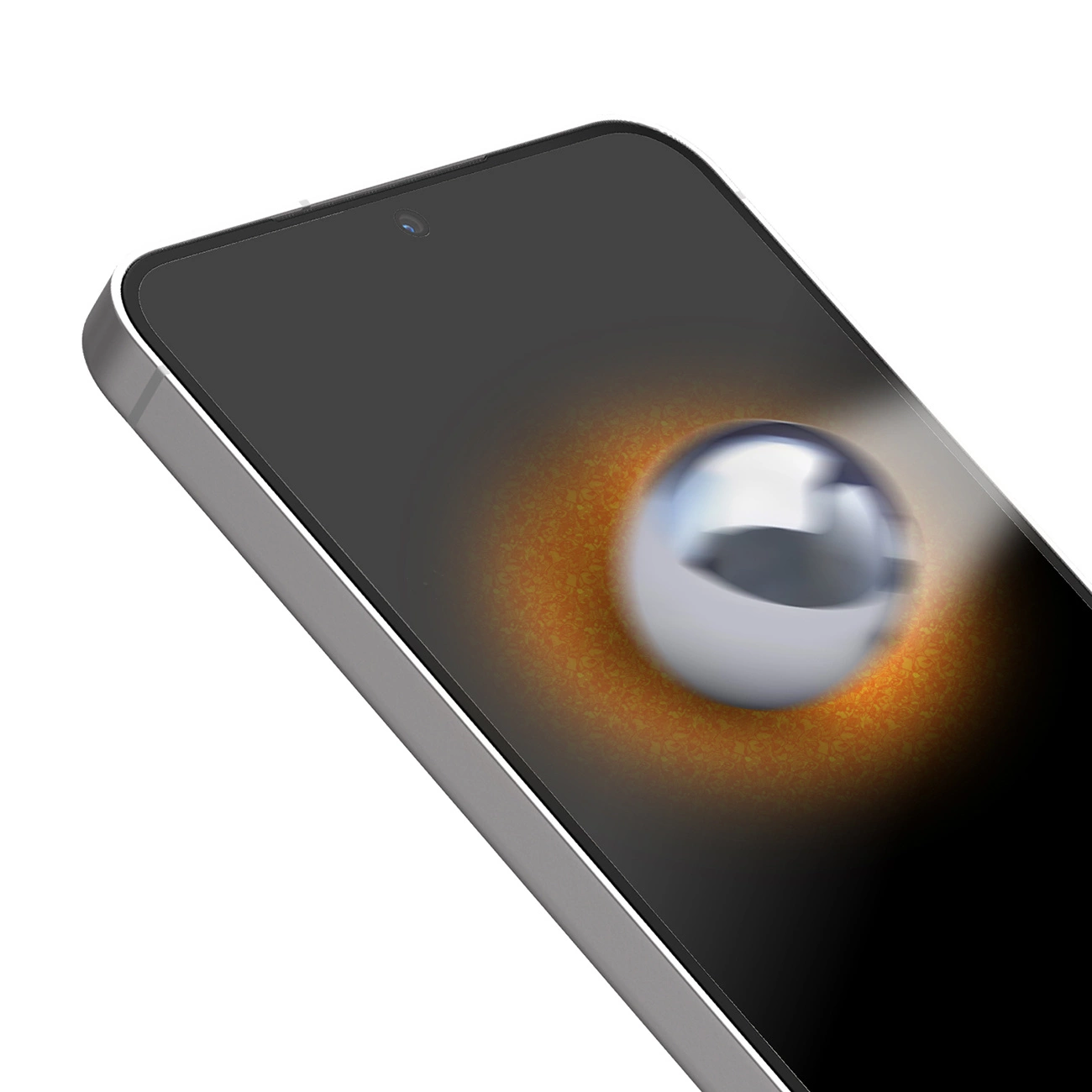 Uno smartphone con una sfera lucida che si muove sullo schermo su uno sfondo arancione.