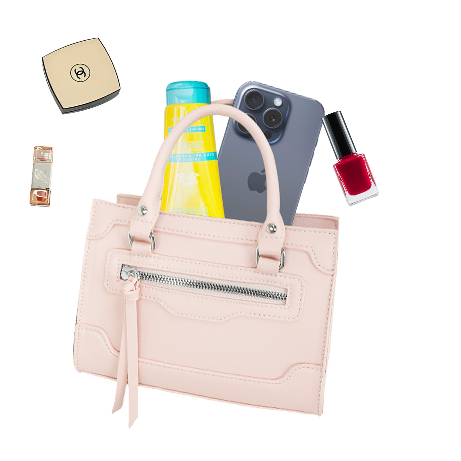 Un bolso rosa con smartphone, botella de loción, pintalabios y esmalte de uñas sobre fondo blanco.