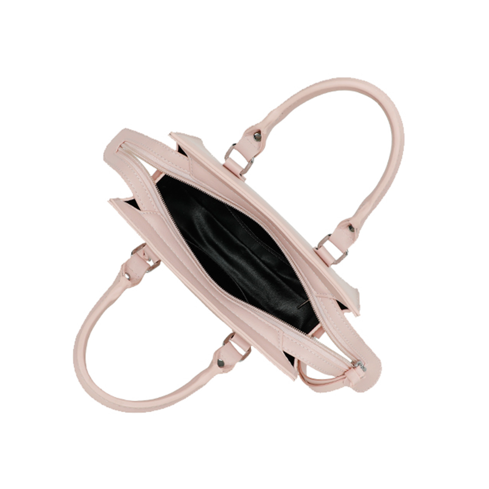 Un bolso de mano abierto de color rosa claro con compartimentos interiores negros y dos asas sobre fondo blanco.