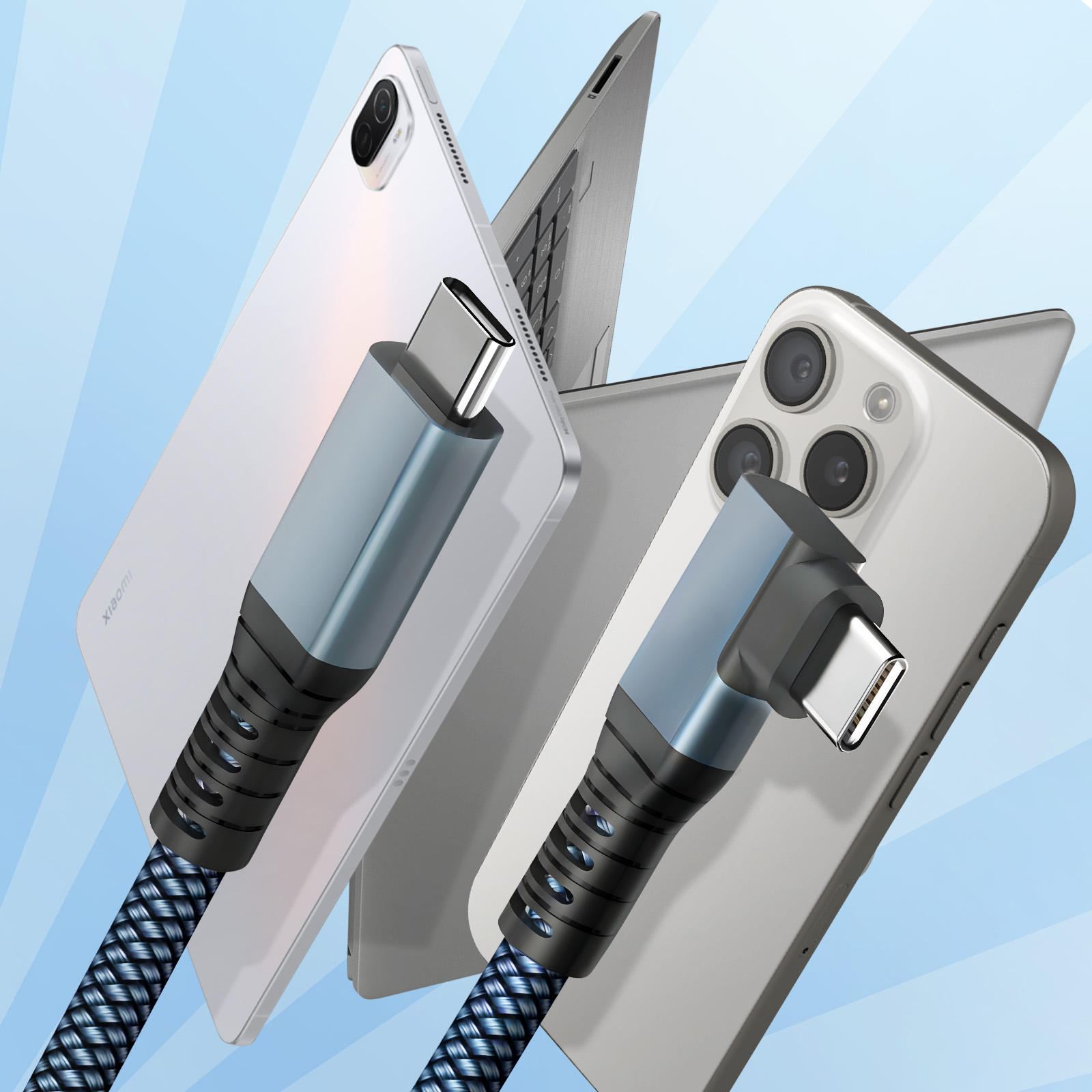 Dos cables USB-C trenzados con conectores frente a teléfonos y un portátil sobre fondo azul.