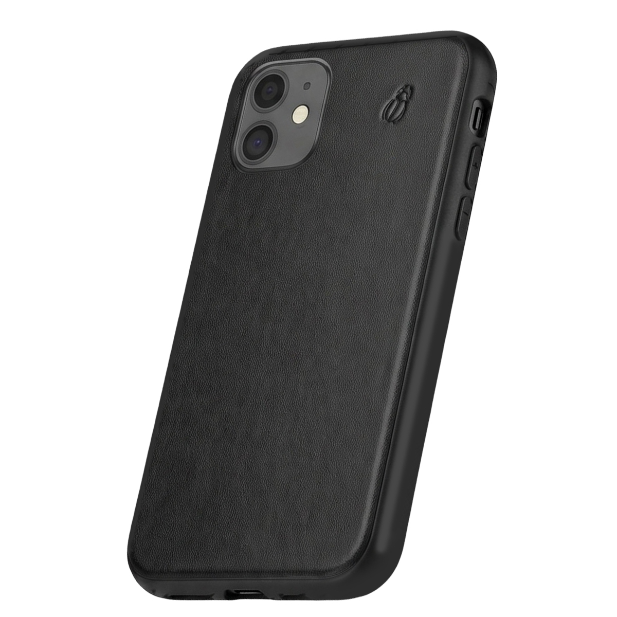 Custodia per smartphone in pelle nera con doppia fotocamera e logo scarabeo in rilievo, su sfondo bianco.