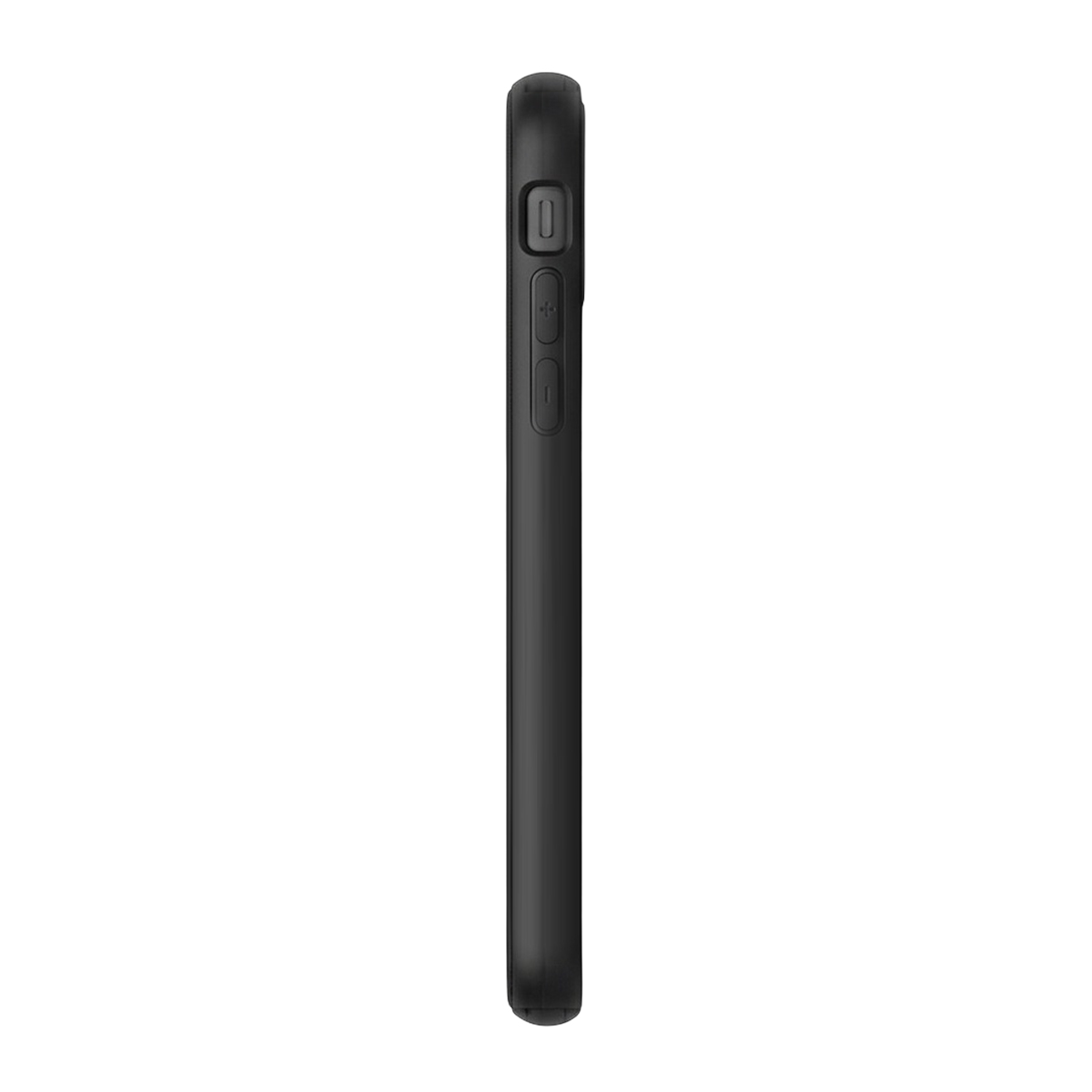Vista laterale di una custodia protettiva nera per cellulare con pulsanti integrati su sfondo bianco.