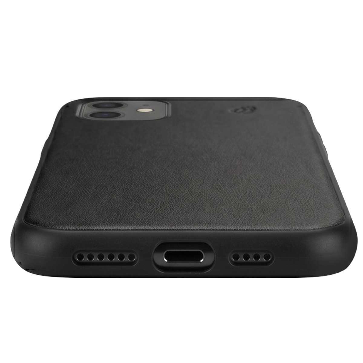 Vista posteriore e inferiore di una custodia nera per smartphone con apertura per fotocamera e porte su sfondo bianco.