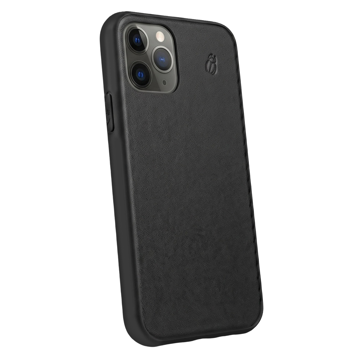 Uno smartphone nero con custodia in pelle e tripla fotocamera posteriore.