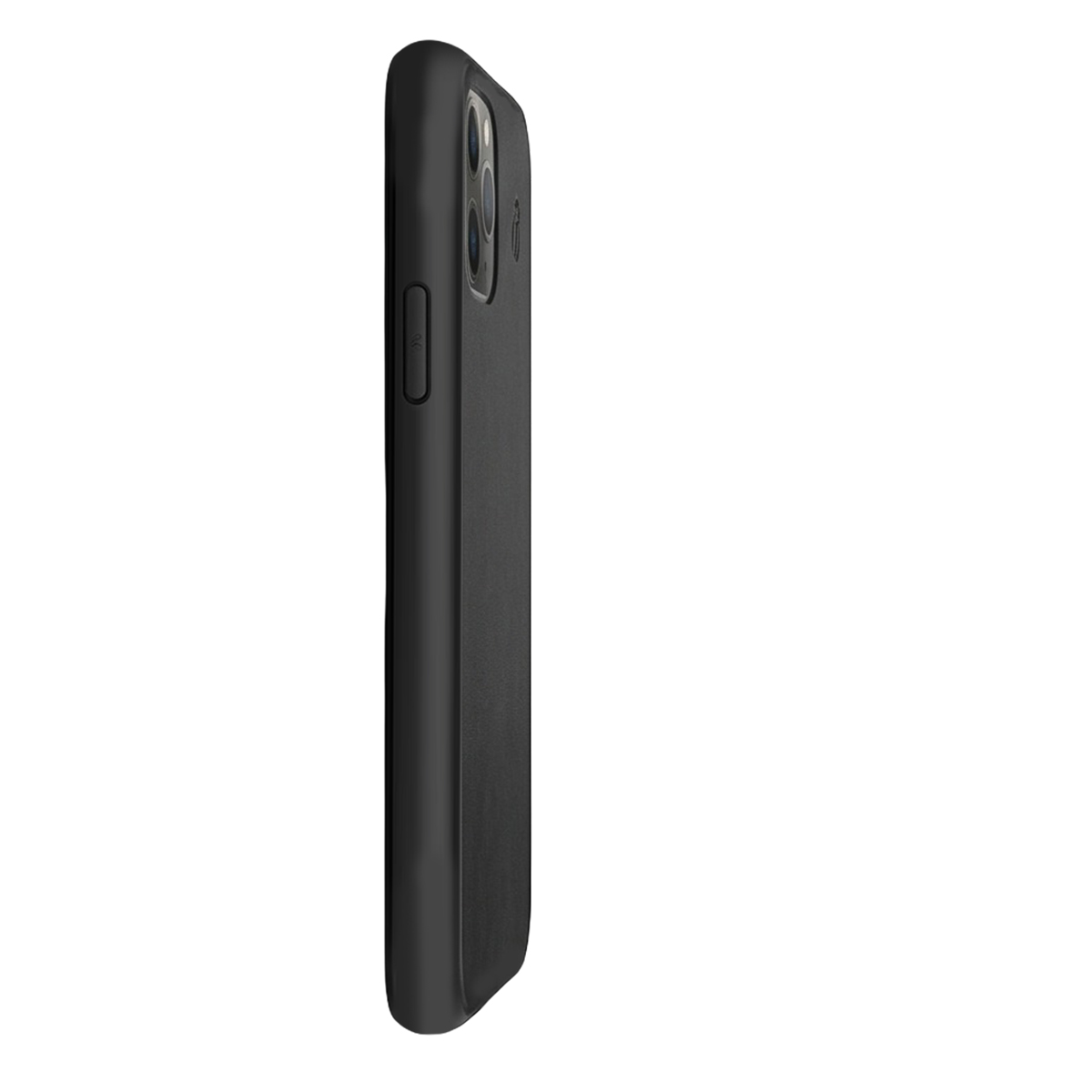 Vista laterale di una custodia per smartphone nera con fotocamere visibili su sfondo bianco.