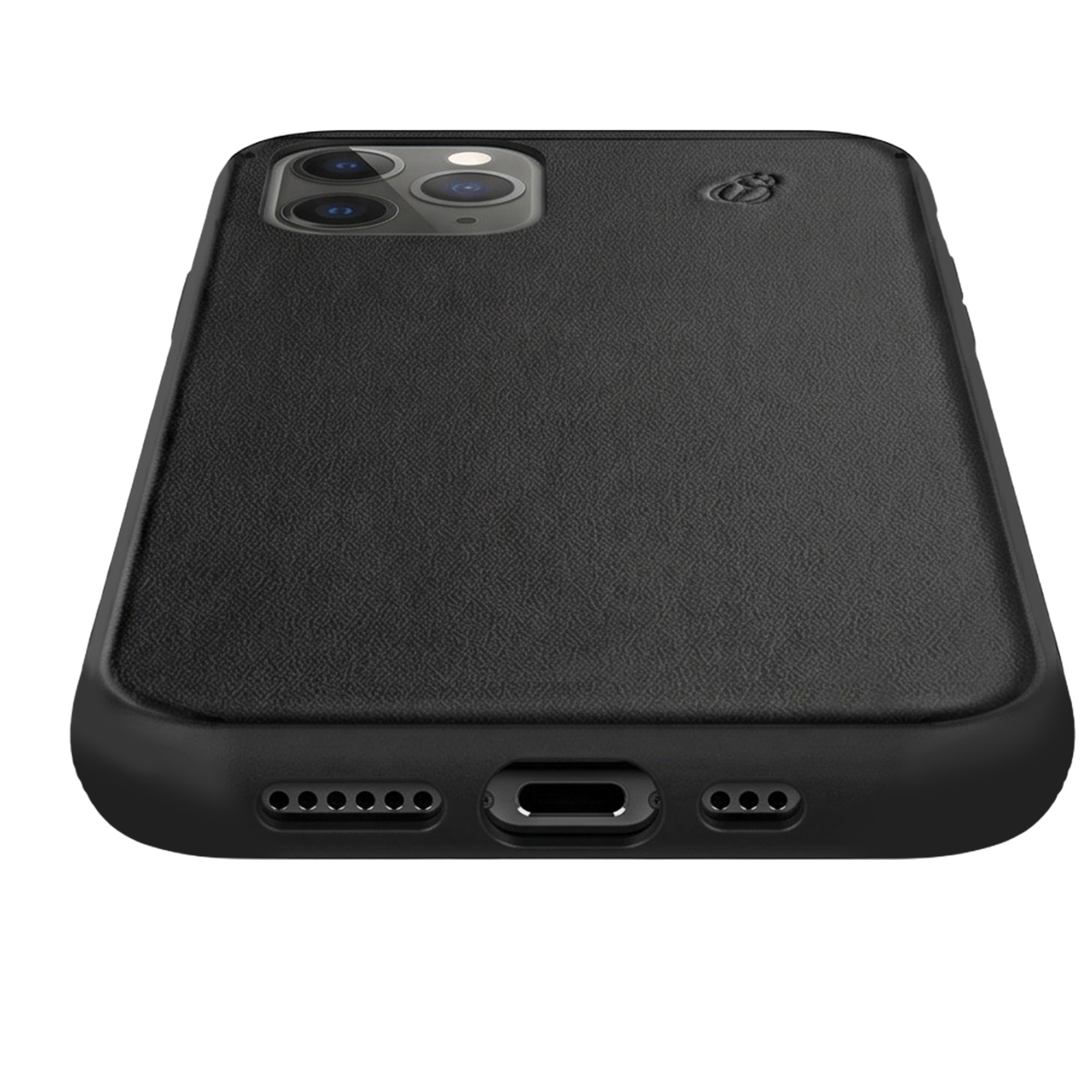 Custodia per smartphone nera in ecopelle con tripla fotocamera e porta di ricarica su sfondo bianco.